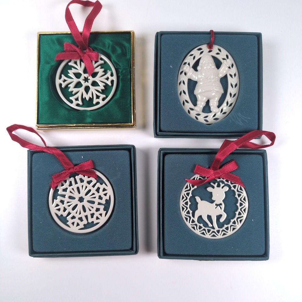 Vtg Lenox Porcelain Christmas Ornaments Gold Pierced Snowflake Santa Reindeer